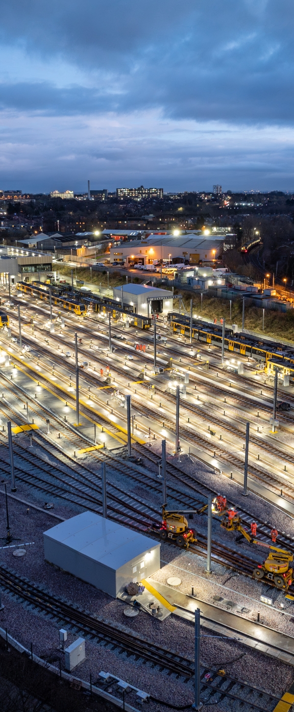 A night time overhead shot of the Gosforth Depot