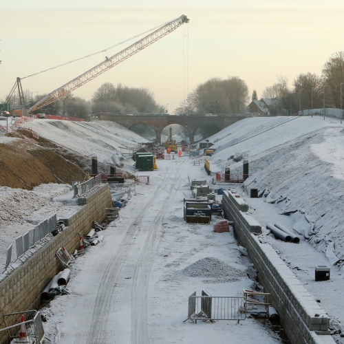 Platform foundations being laid in the snow at Winslow station as part of the East West Rail project.jpg