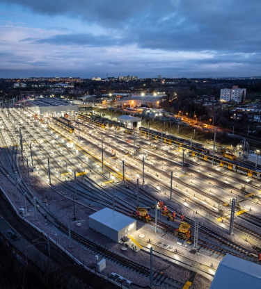 A night time overhead shot of the Gosforth Depot