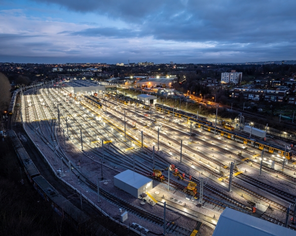 A night time overhead shot of the Gosforth Depot