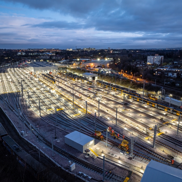 A night time overhead shot of the Gosforth Depot
