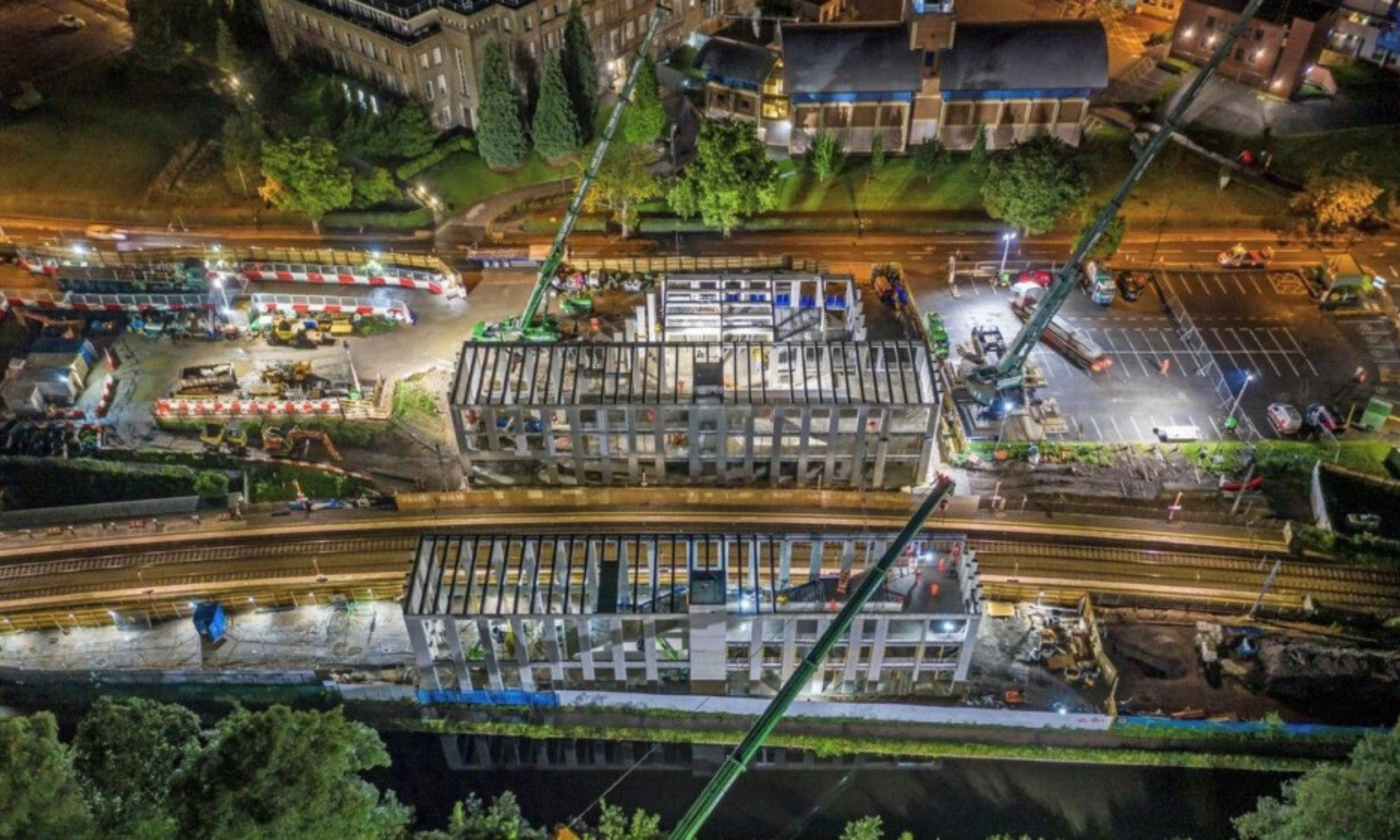 University station Birmingham under construction shot at night lit up