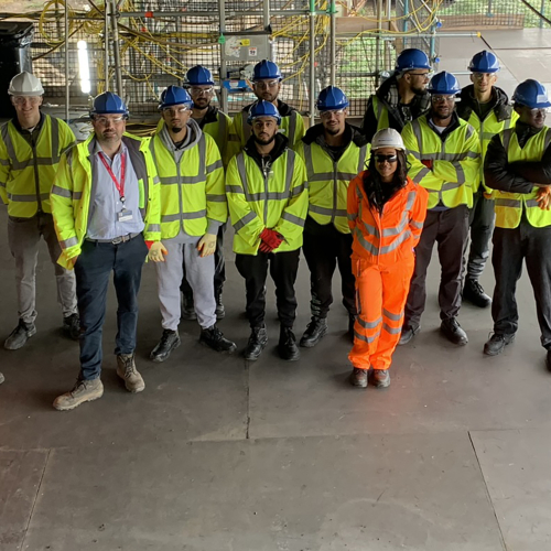 A38 Tame Valley Viaduct site team with students